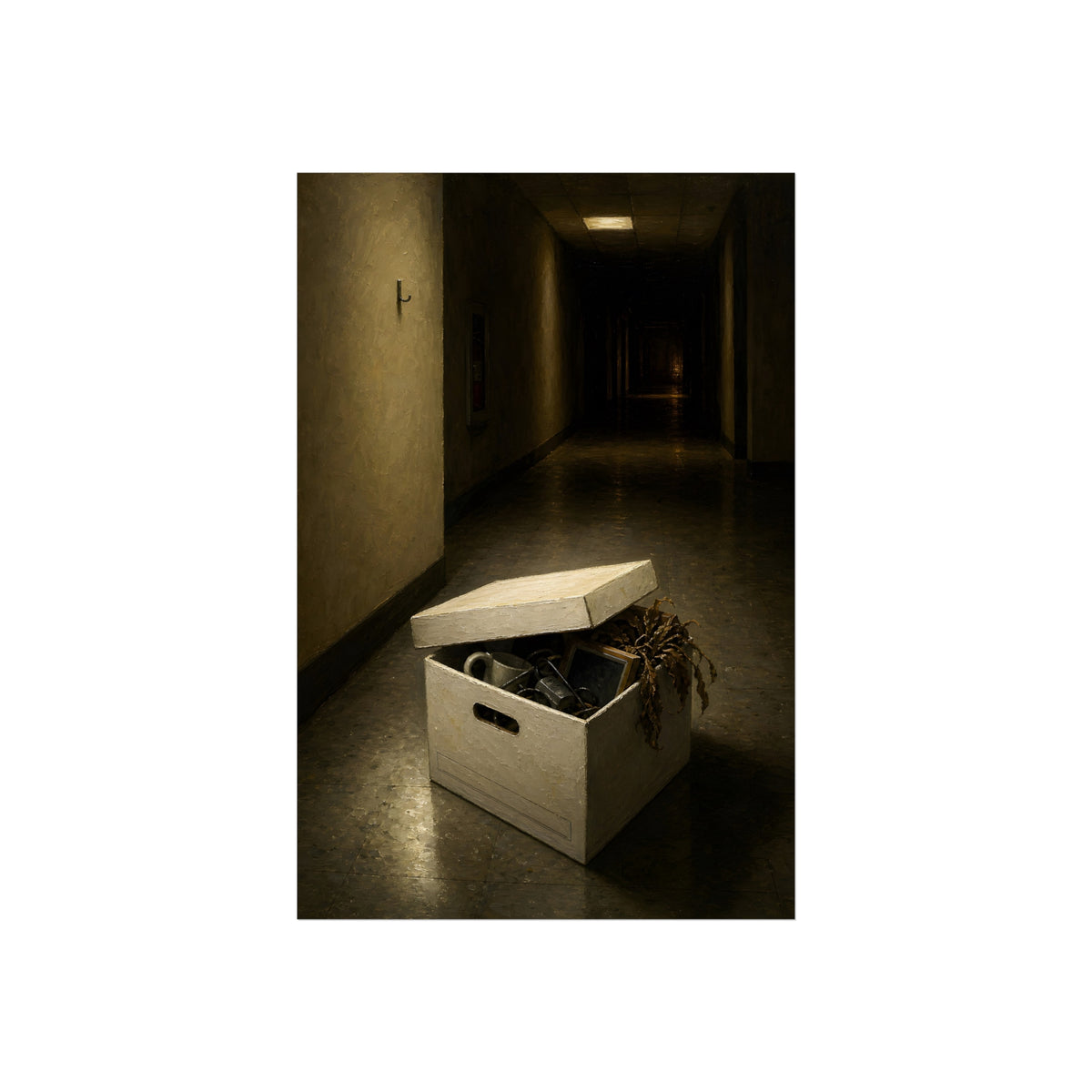 An open box of desk items on the floor of a dim office hallway. The Box of Personal Effects by Garabaggio, fine art print, 24″ x 36″.