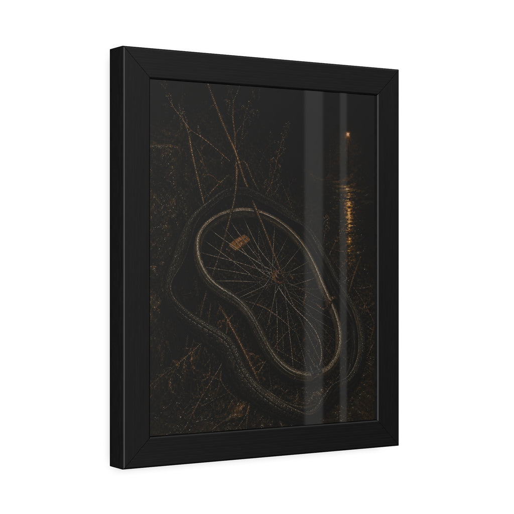 A bare bicycle wheel with its tire coiled around it on wet ground. The Removal of the Tire by Garabaggio, framed fine art print hanging in a room.