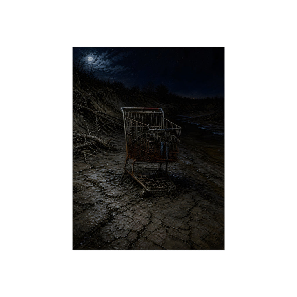A rusted shopping cart sunk in cracked dried mud under a full moon. The Silting by Garabaggio, fine art print, 12″ x 16″.