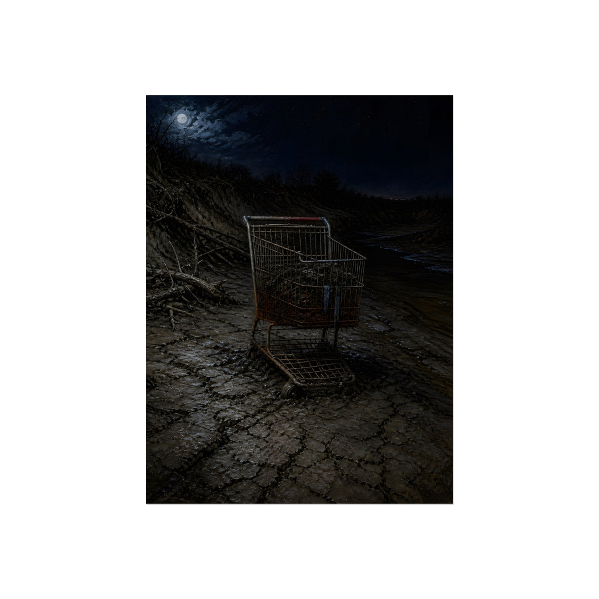 A rusted shopping cart sunk in cracked dried mud under a full moon. The Silting by Garabaggio, fine art print, 12″ x 16″.