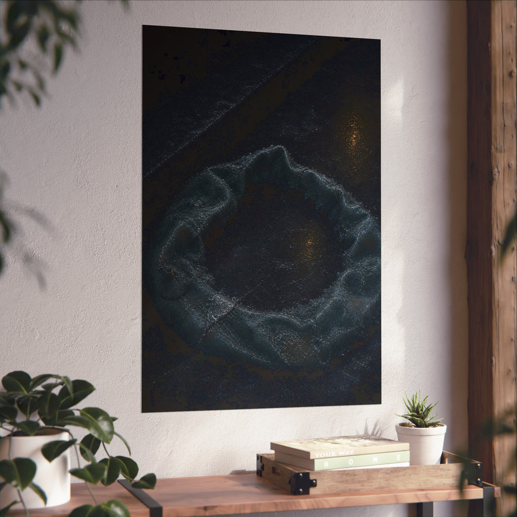 A deflated ring float collapsed on wet pavement under distant amber light. The Freezing of the Smile by Garabaggio, fine art print hanging in a room.