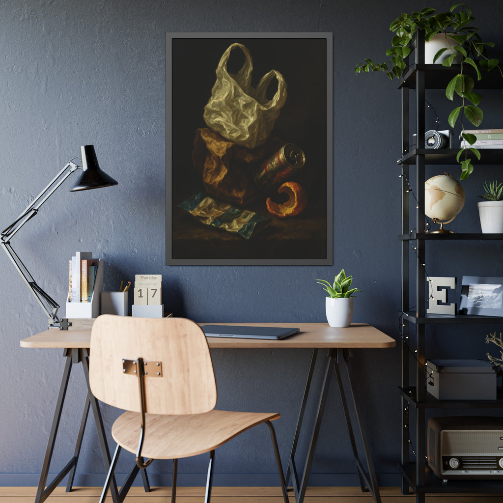 A plastic bag, crushed can and orange peel on a dim table. Still Life with Orange Peel and Resignation by Garabaggio, framed fine art print hanging in a room.