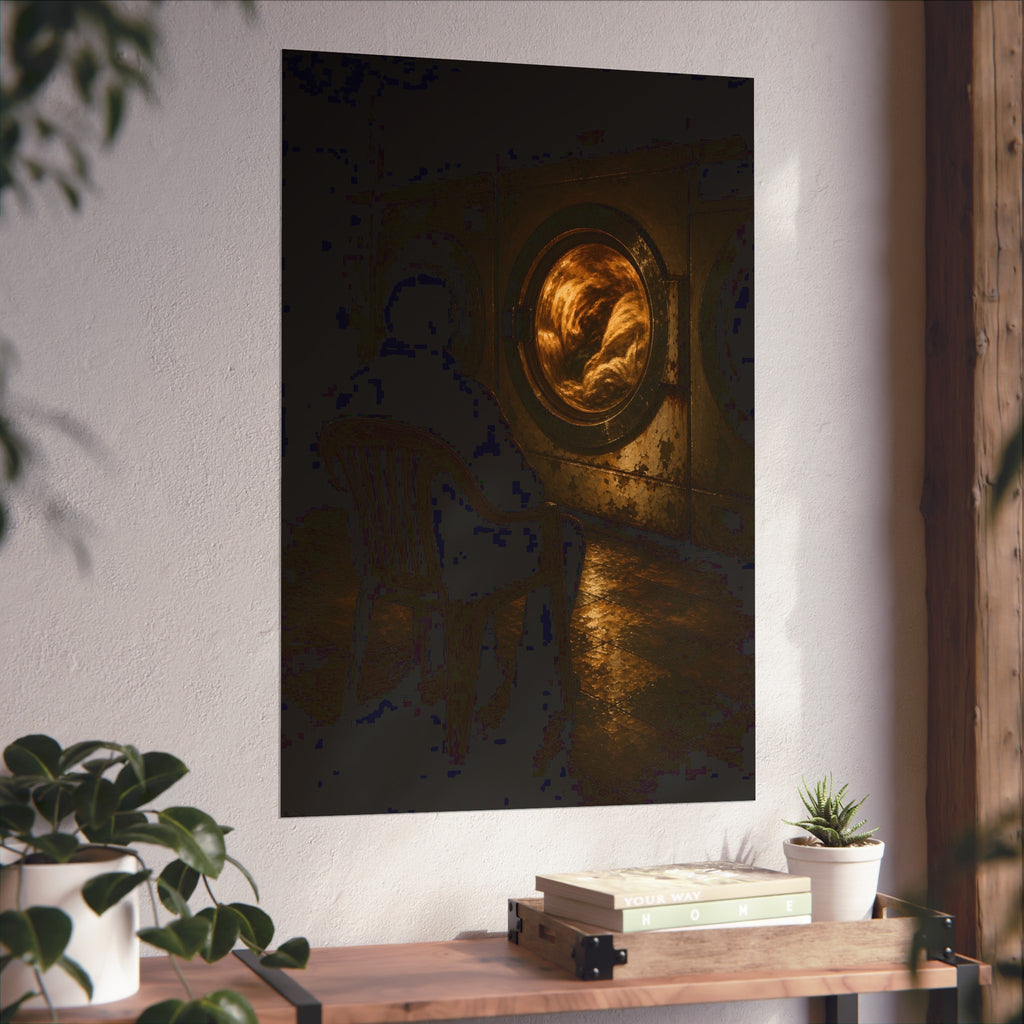 A person seated in a plastic chair facing a lit dryer drum. The Watcher in the Plastic Chair by Garabaggio, fine art print hanging in a room.