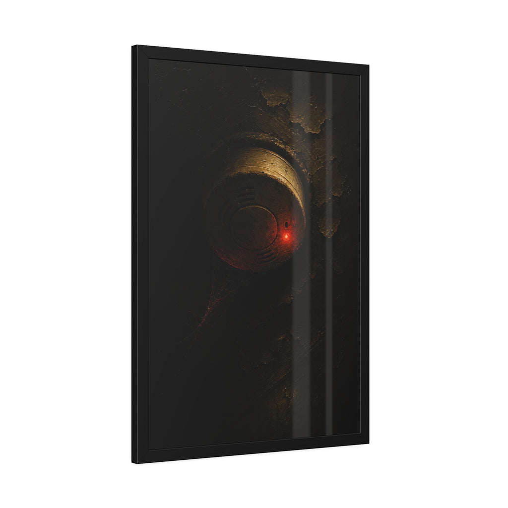 A dusty smoke detector on a peeling ceiling with its red light on. The First Red Blink by Garabaggio, framed fine art print hanging in a room.
