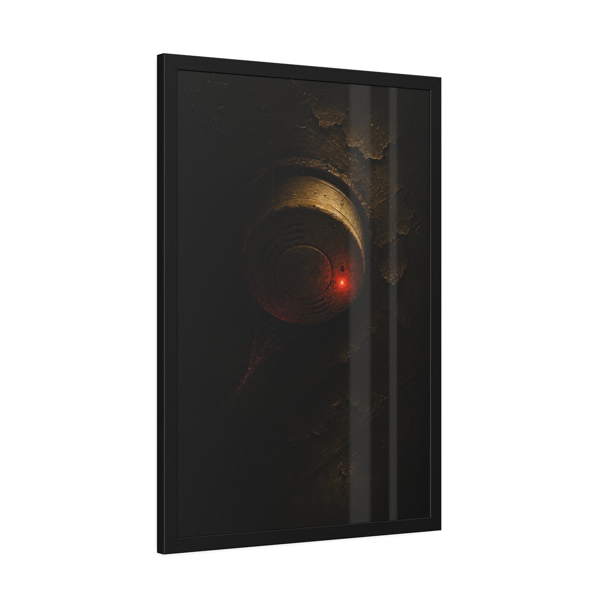 A dusty smoke detector on a peeling ceiling with its red light on. The First Red Blink by Garabaggio, framed fine art print hanging in a room.