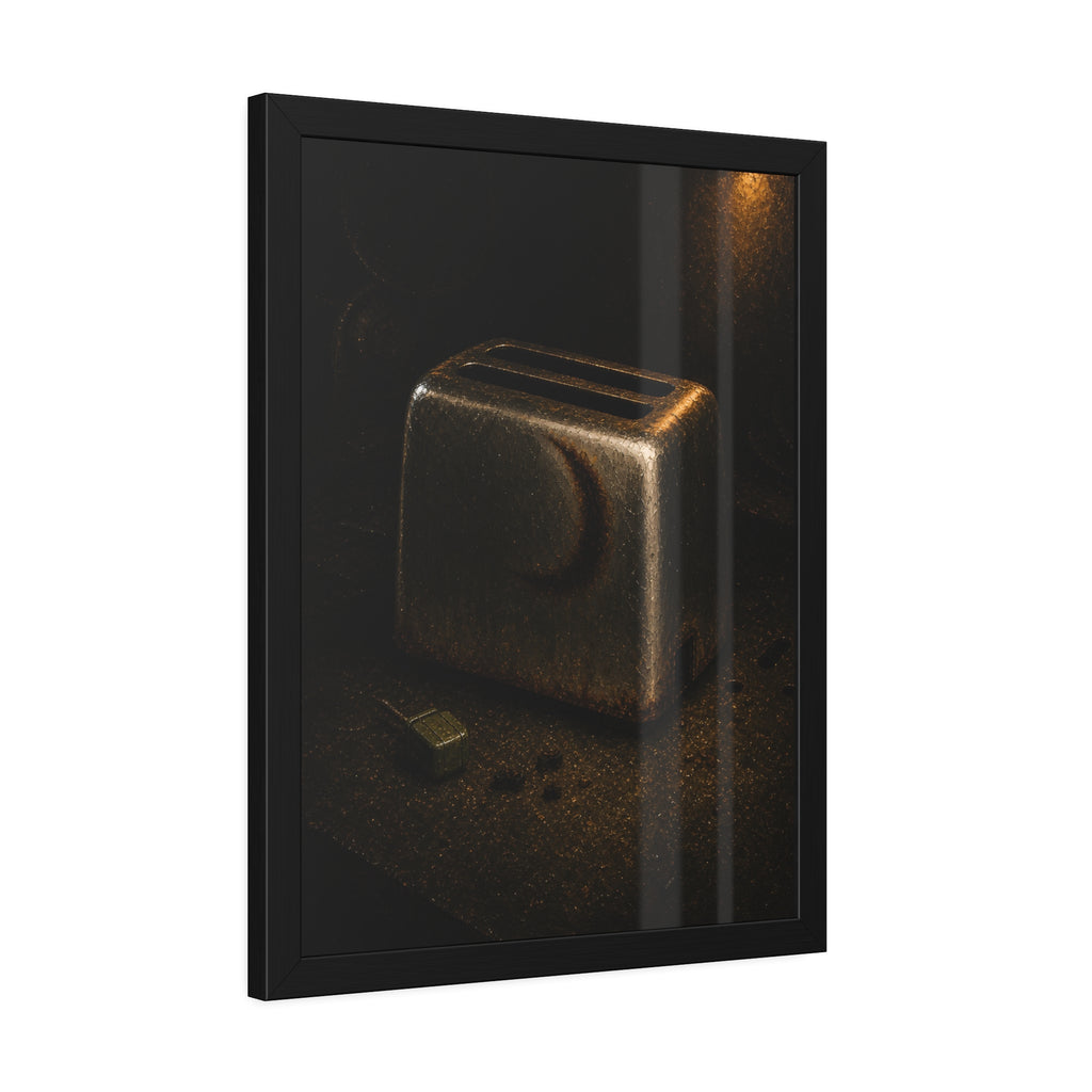 A scorched toaster on a dark counter with crumbs and its plug beside it. Shell Without Heat by Garabaggio, framed fine art print hanging in a room.