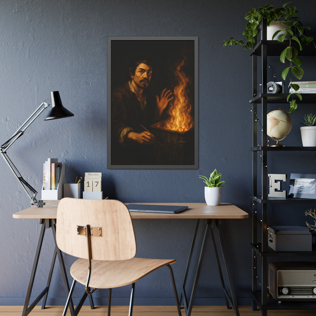 Man holding a paintbrush, his other hand raised beside tall flames. Self-Portrait with Brush and Flame by Garabaggio, framed fine art print hanging in a room.