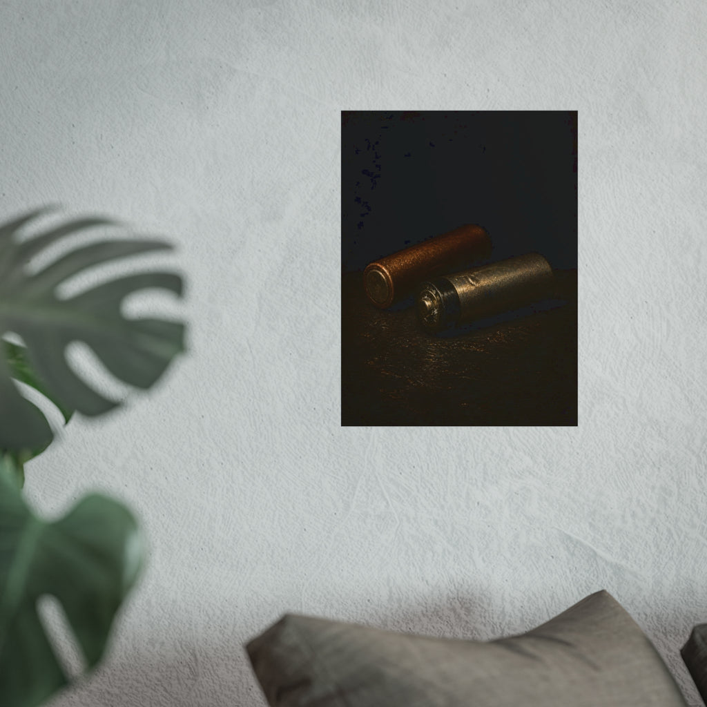 Two spent batteries lying side by side, one rusted, one bare metal. The Second Voice by Garabaggio, fine art print hanging in a room.
