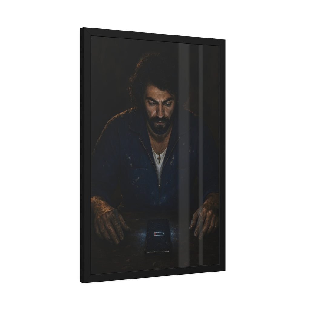 A man in a work jacket looks down at a phone showing a red low battery icon. The Calling at One Percent by Garabaggio, framed fine art print hanging in a room.