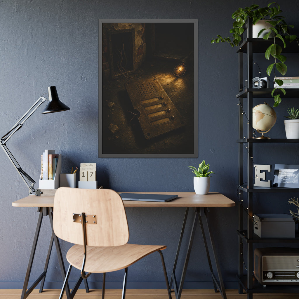 An intercom panel face up on a floor, wires cut, lit by a work lamp. The Plate Taken Down by Garabaggio, framed fine art print hanging in a room.