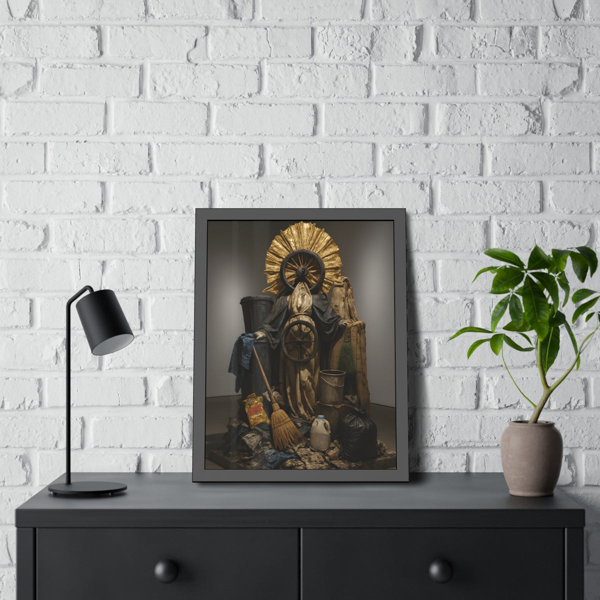 A draped figure with cart wheels above heaped trash. The Martyrdom of Saint Catherine of the Cartwheel by Garabaggio, framed fine art print hanging in a room.