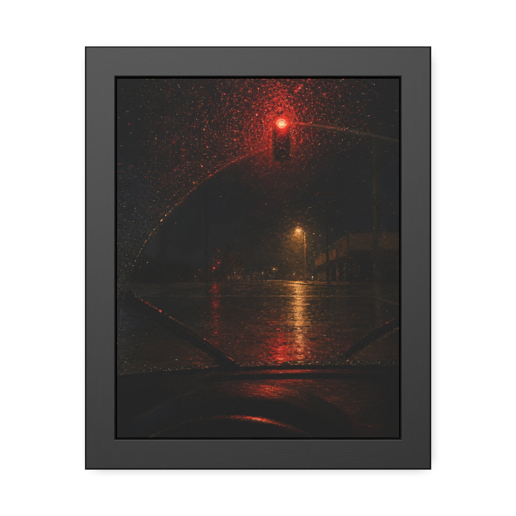 A red traffic light seen through a rain beaded windshield at night. The Windshield at the Red Light by Garabaggio, framed fine art print, 11″ x 14″.