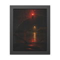 A red traffic light seen through a rain beaded windshield at night. The Windshield at the Red Light by Garabaggio, framed fine art print, 11″ x 14″.