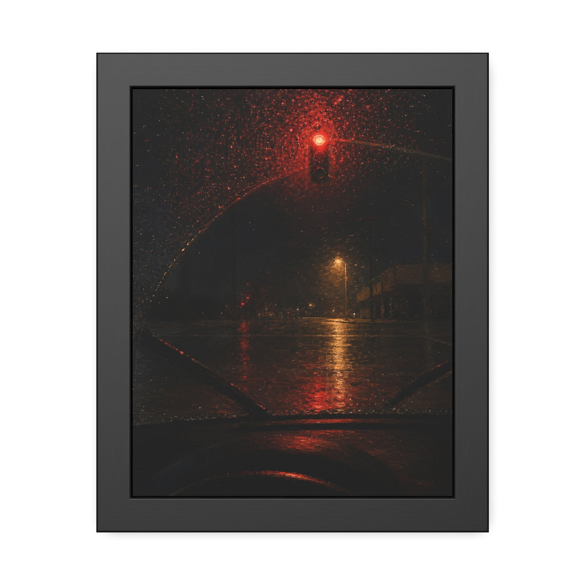 A red traffic light seen through a rain beaded windshield at night. The Windshield at the Red Light by Garabaggio, framed fine art print, 11″ x 14″.