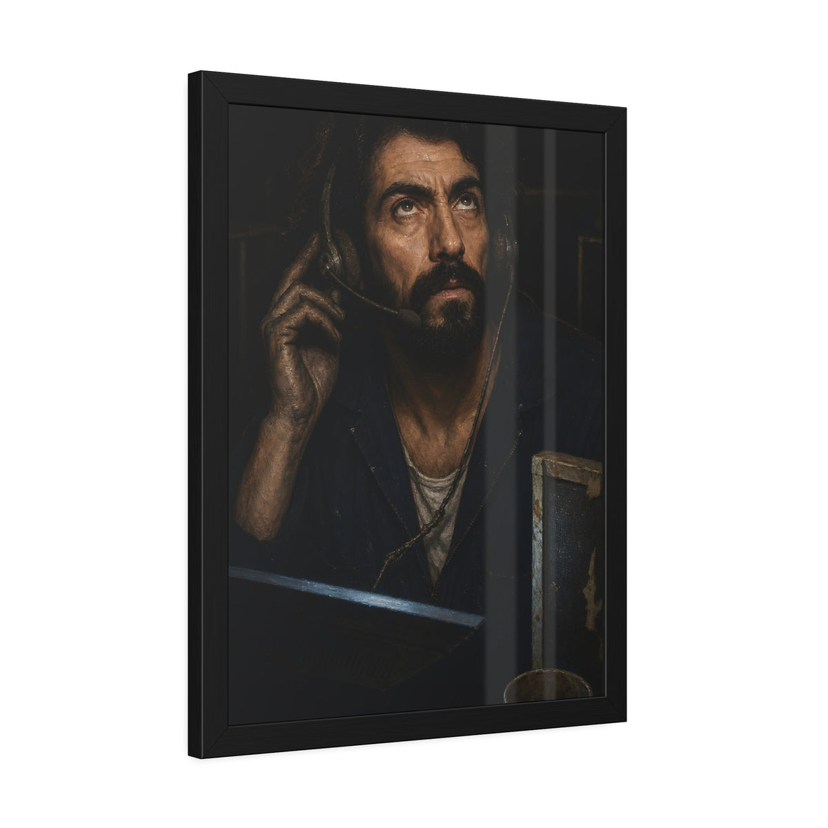 A man in a phone headset looks upward over the glow of a monitor. Garabaggio on Hold by Garabaggio, framed fine art print hanging in a room.