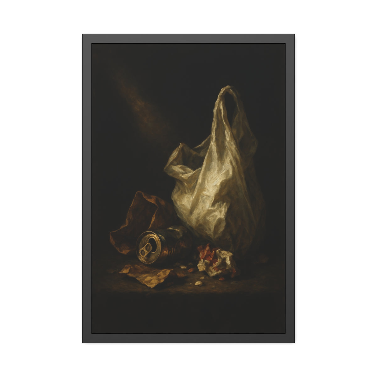 A white plastic bag standing upright in a shaft of light. The Annunciation of the Plastic Bag by Garabaggio, framed fine art print hanging in a room.