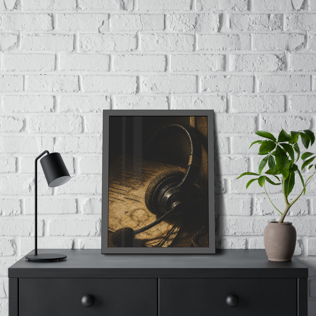 A worn headset resting on a printed script page with coffee rings. The Script Beside the Mouthpiece by Garabaggio, framed fine art print hanging in a room.