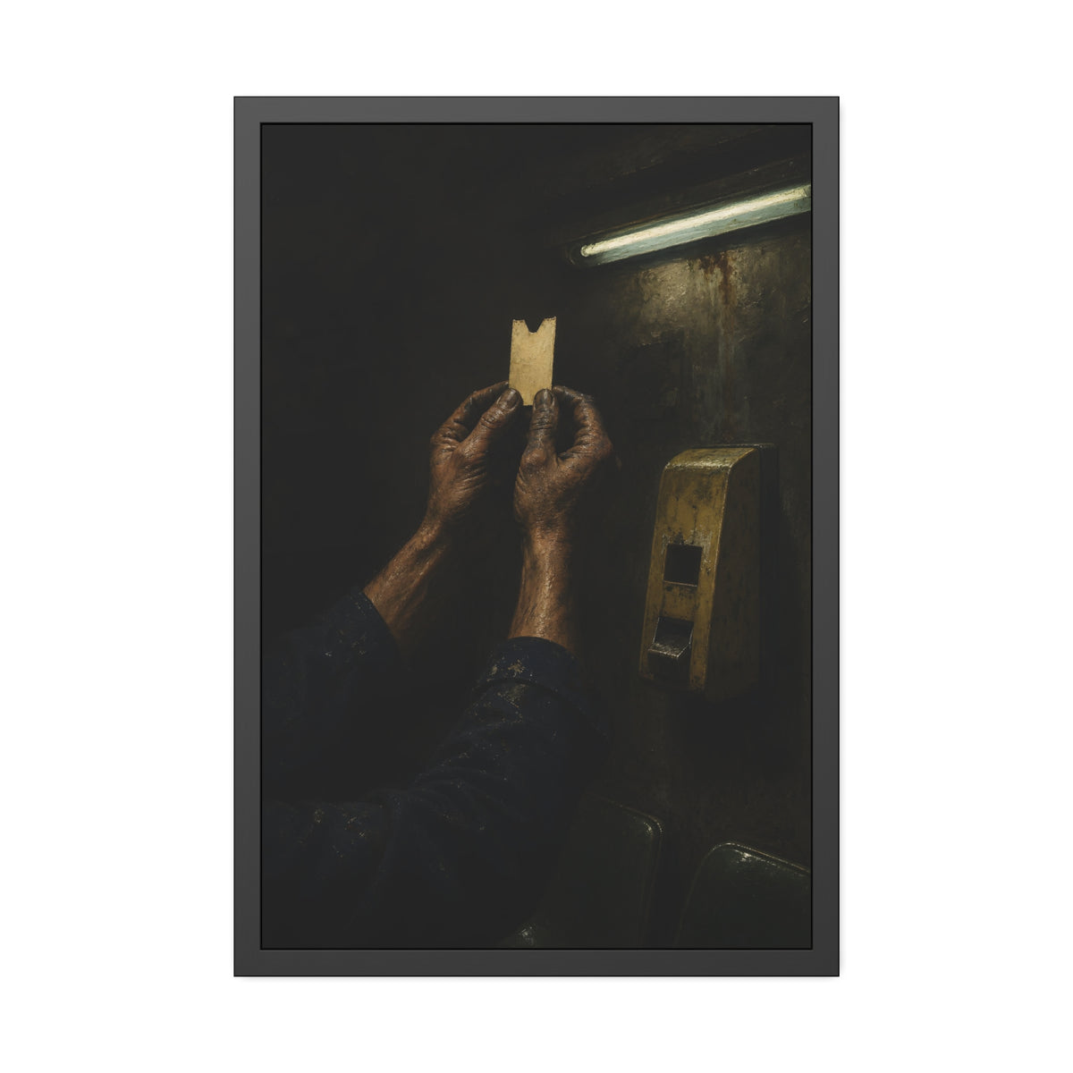Weathered hands holding a paper queue ticket under a fluorescent tube. The First Number by Garabaggio, framed fine art print, 24″ x 36″.