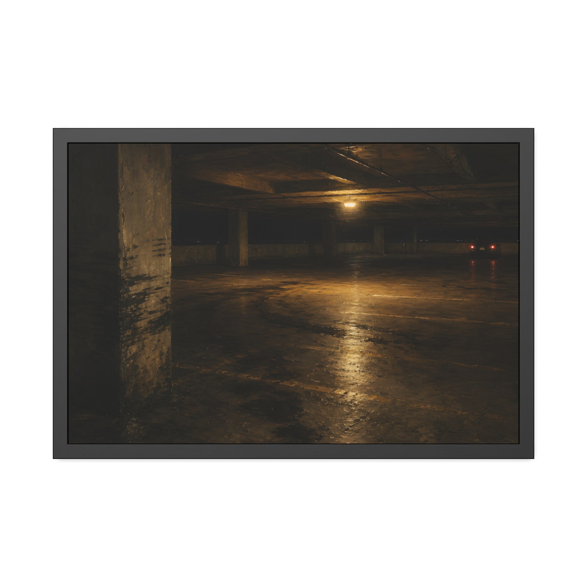 An empty concrete parking deck lit by one ceiling lamp, tail lights beyond. The Parking Garage, Level 4 by Garabaggio, framed fine art print, 36″ x 24″.