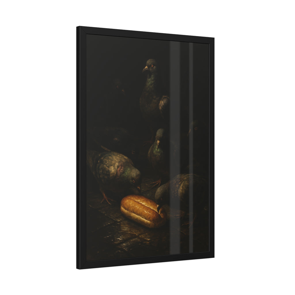 Pigeons crowding around a bread roll on dark stone paving. The Congregation at the Bun by Garabaggio, framed fine art print hanging in a room.