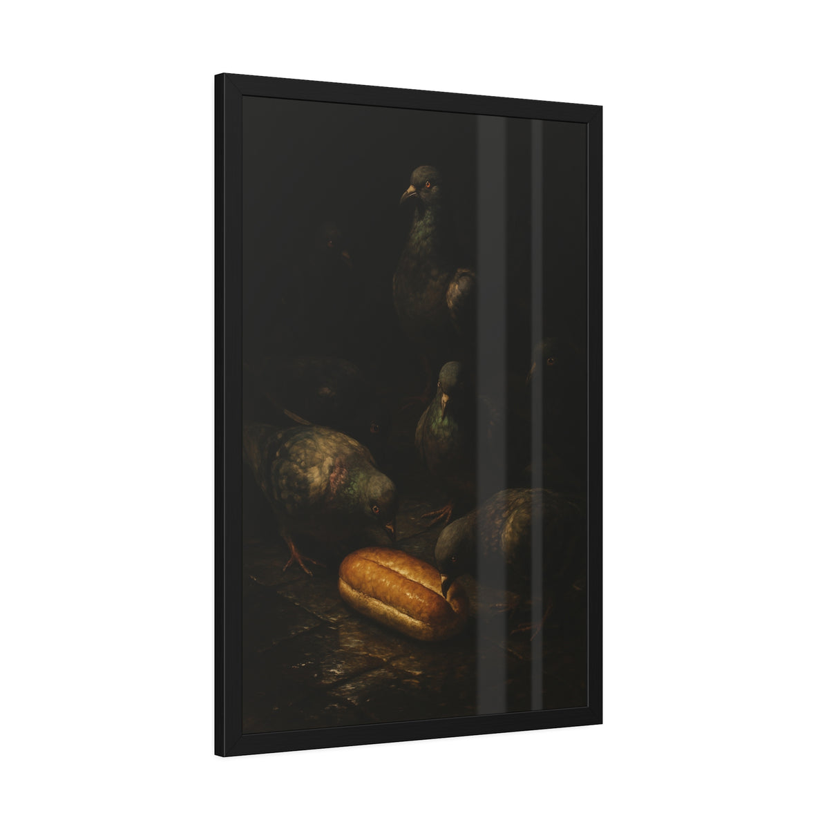 Pigeons crowding around a bread roll on dark stone paving. The Congregation at the Bun by Garabaggio, framed fine art print hanging in a room.