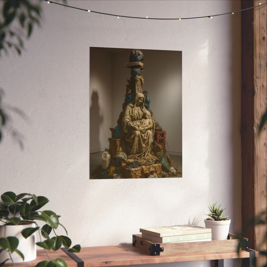 Seated hooded figure cradling a bundle on a mound of bagged refuse. Pietà of the Curbside by Garabaggio, fine art print hanging in a room.