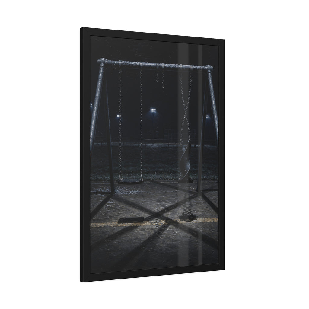 An empty swing set at night with one seat twisted up on its chains. The First Hour: The Twisted Seat by Garabaggio, framed fine art print hanging in a room.
