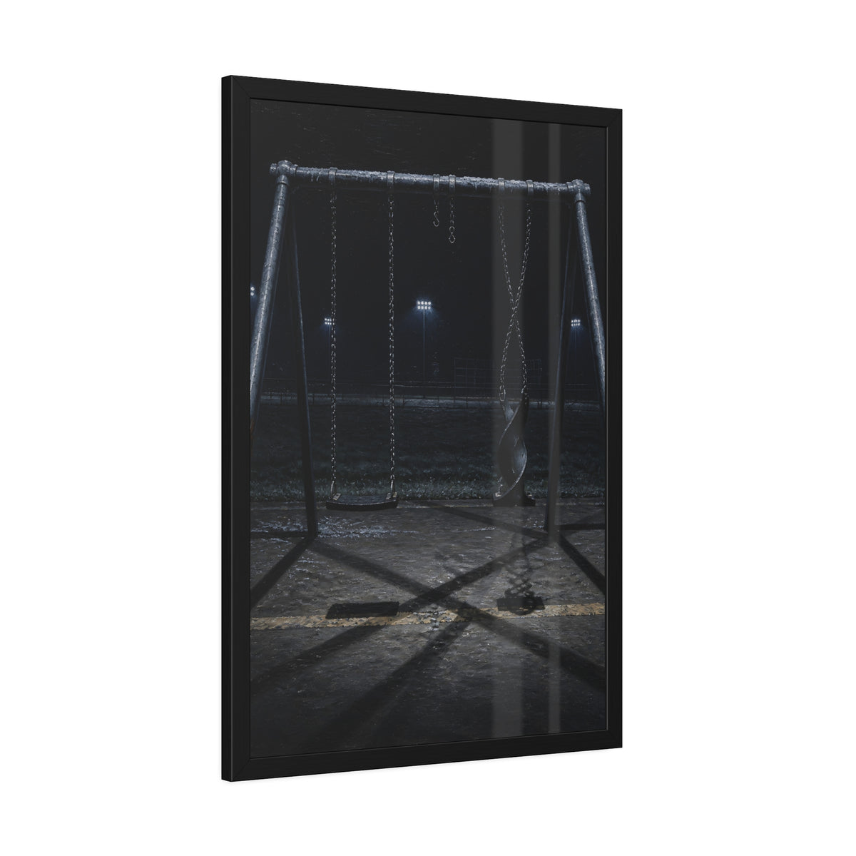 An empty swing set at night with one seat twisted up on its chains. The First Hour: The Twisted Seat by Garabaggio, framed fine art print hanging in a room.