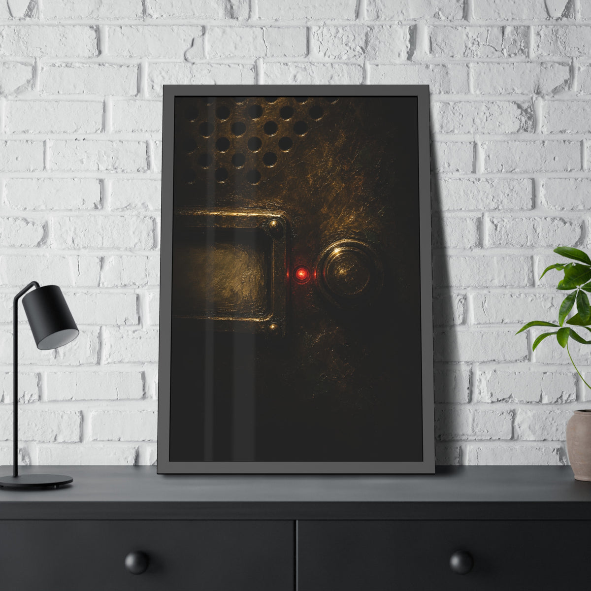 Close on an intercom nameplate and button with a small red light. The First Buzz at Dusk by Garabaggio, framed fine art print hanging in a room.