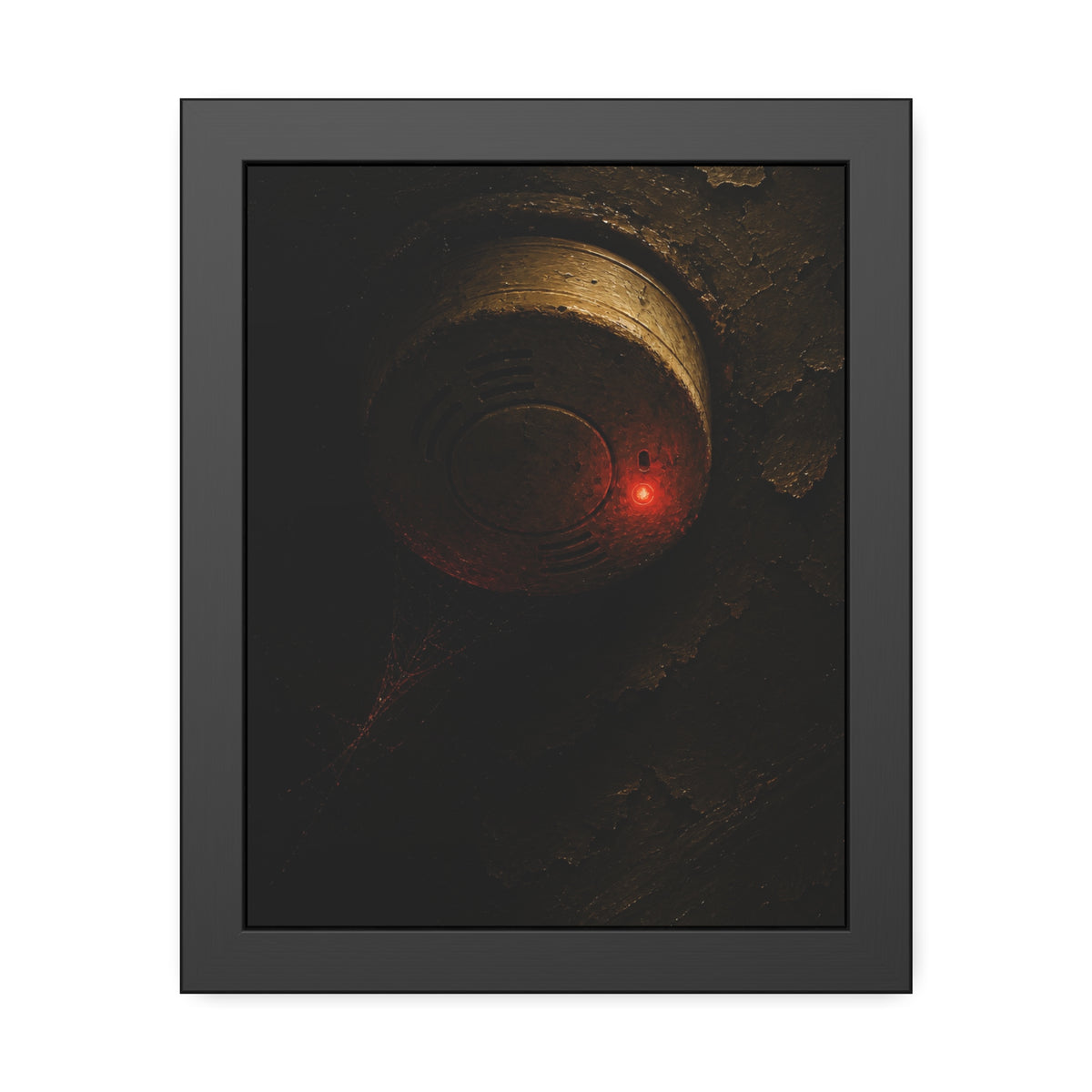 A dusty smoke detector on a peeling ceiling with its red light on. The First Red Blink by Garabaggio, framed fine art print, 11″ x 14″.