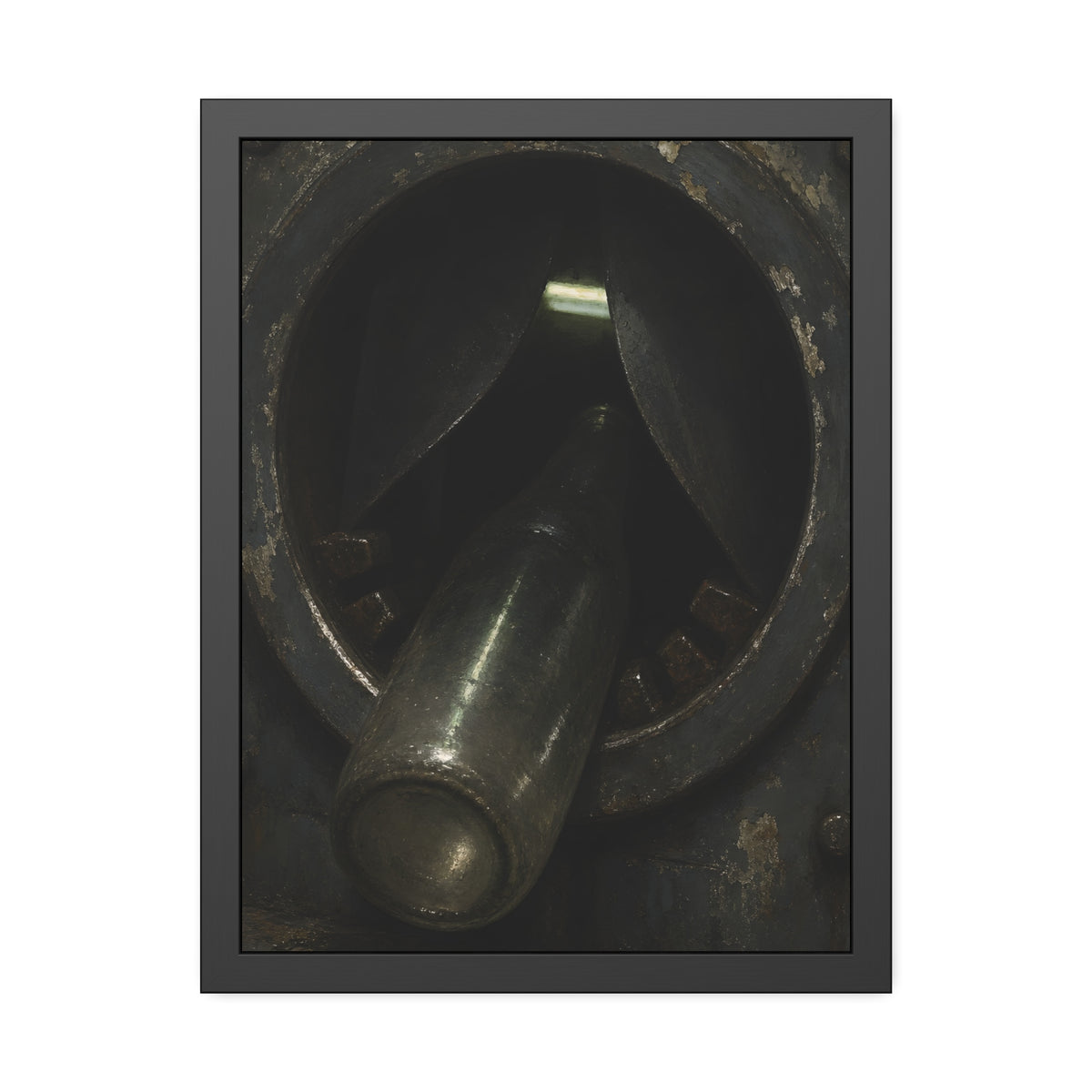 A glass bottle wedged in the round steel intake of a crushing machine. The Crusher's Mouth by Garabaggio, framed fine art print, 18″ x 24″.