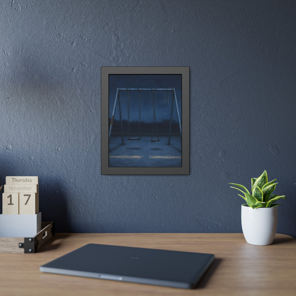 A swing set with two seats and two bare hooks in blue predawn light. The Fifth Hour: The Blue Before by Garabaggio, framed fine art print hanging in a room.