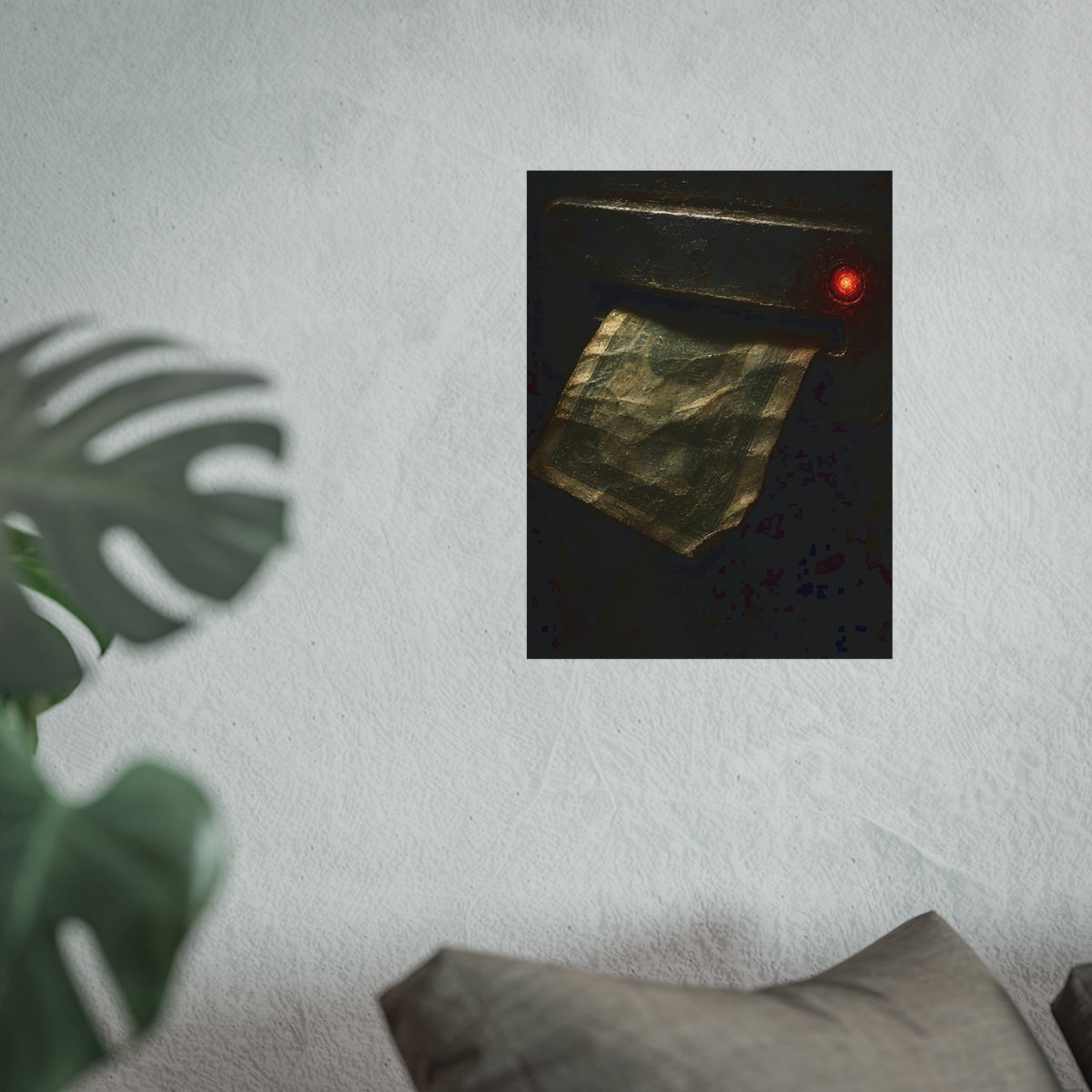 A worn bill pushed back out of a machine slot beside a red light. The Change Machine's Refusal by Garabaggio, fine art print hanging in a room.