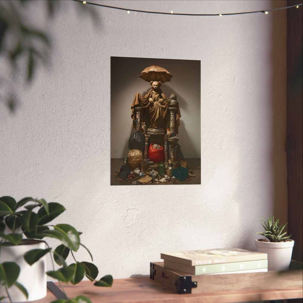A teddy bear figure under an umbrella atop a pile of trash bags. Madonna of the Lost and Found by Garabaggio, fine art print hanging in a room.