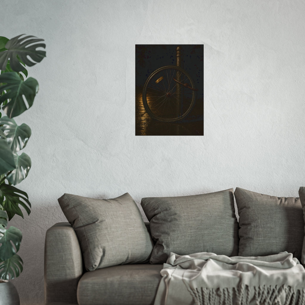 A bent bicycle wheel locked to a post on wet pavement. The Last Lock by Garabaggio, fine art print hanging in a room.