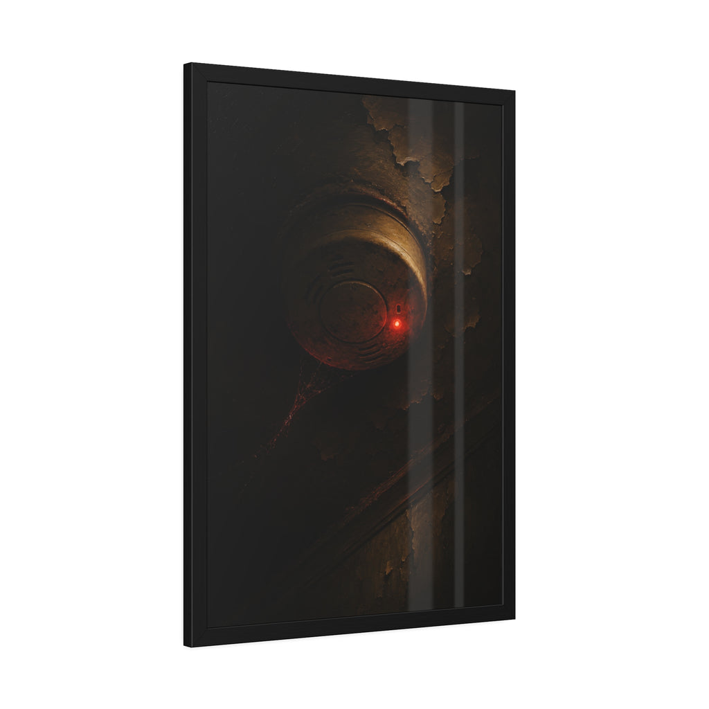 A smoke detector with a red light on a peeling ceiling, cobwebs beneath. The Chirp at Three Forty by Garabaggio, framed fine art print hanging in a room.