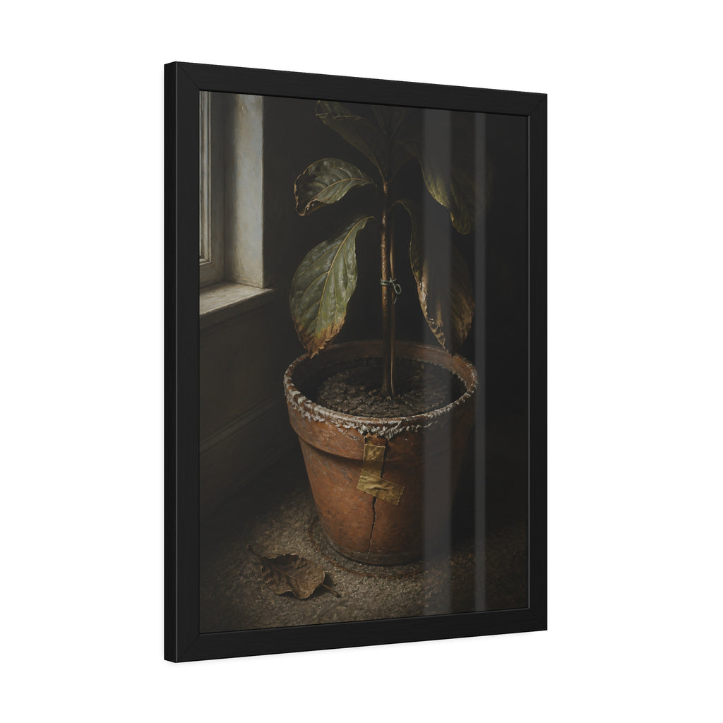 A drooping potted plant in a cracked terracotta pot beside a window. The Missed Watering by Garabaggio, framed fine art print hanging in a room.