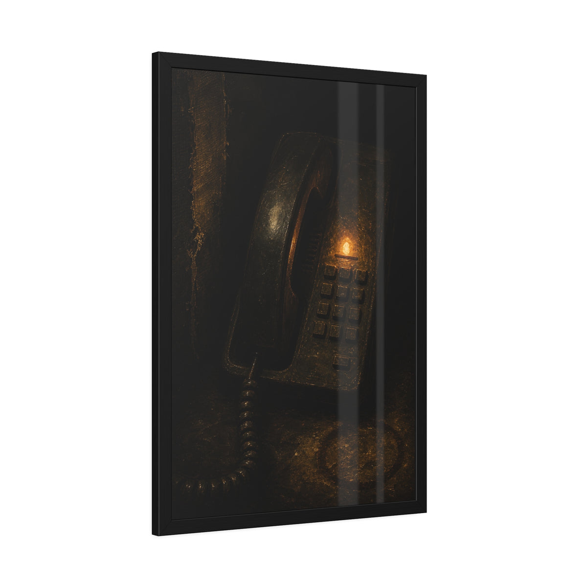 An old desk phone in the dark with one amber line light glowing. The First Ring by Garabaggio, framed fine art print hanging in a room.
