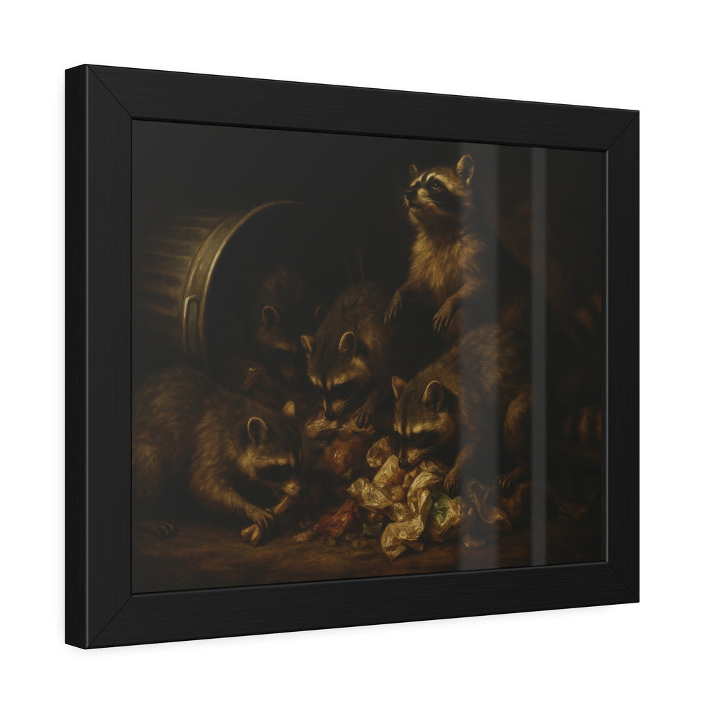 Five raccoons around a toppled metal trash can and spilled scraps. The Entombment of the Garbage by Garabaggio, framed fine art print hanging in a room.