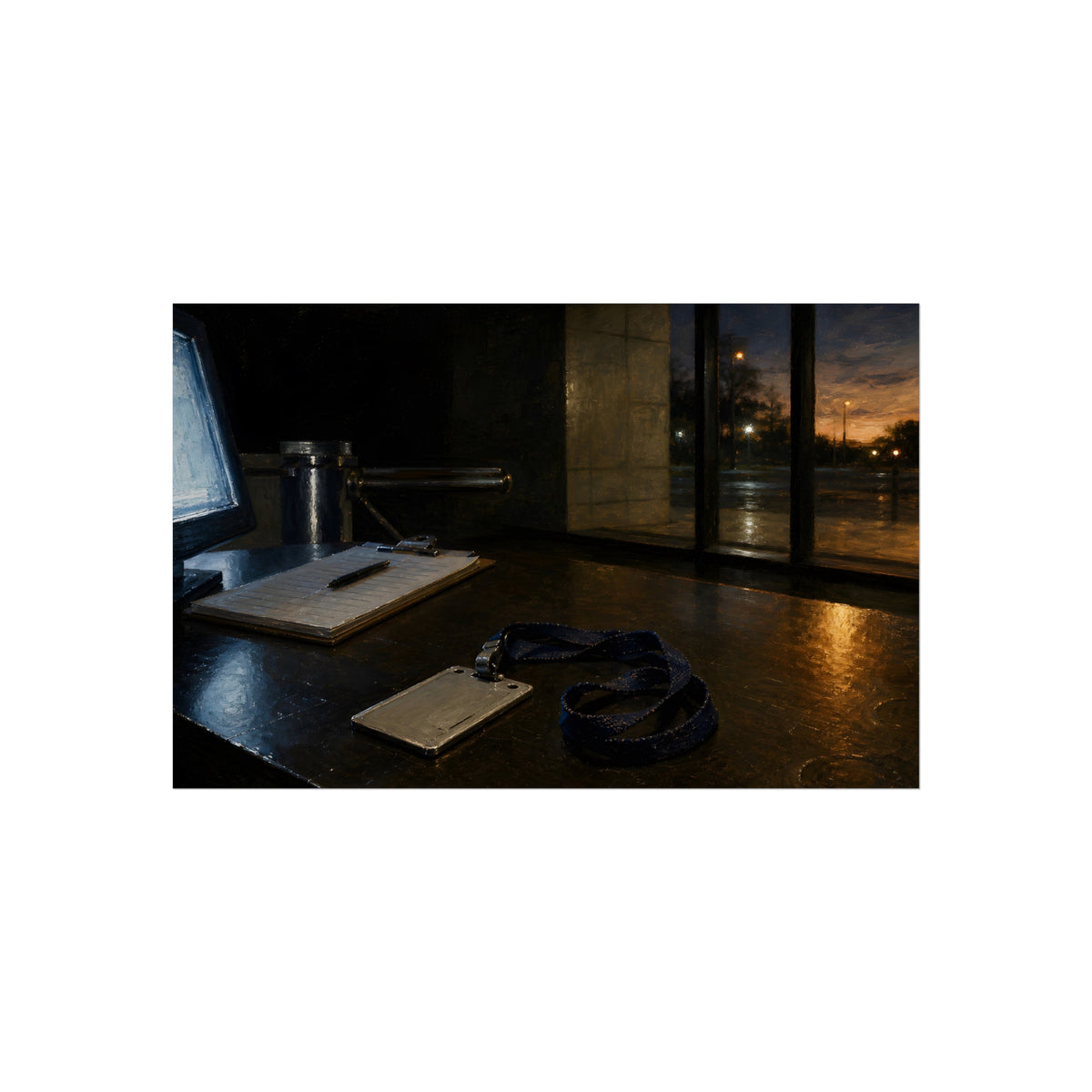 An ID badge and lanyard left on a security desk beside a lit monitor. The Badge on the Security Desk by Garabaggio, fine art print, 40″ x 26″.
