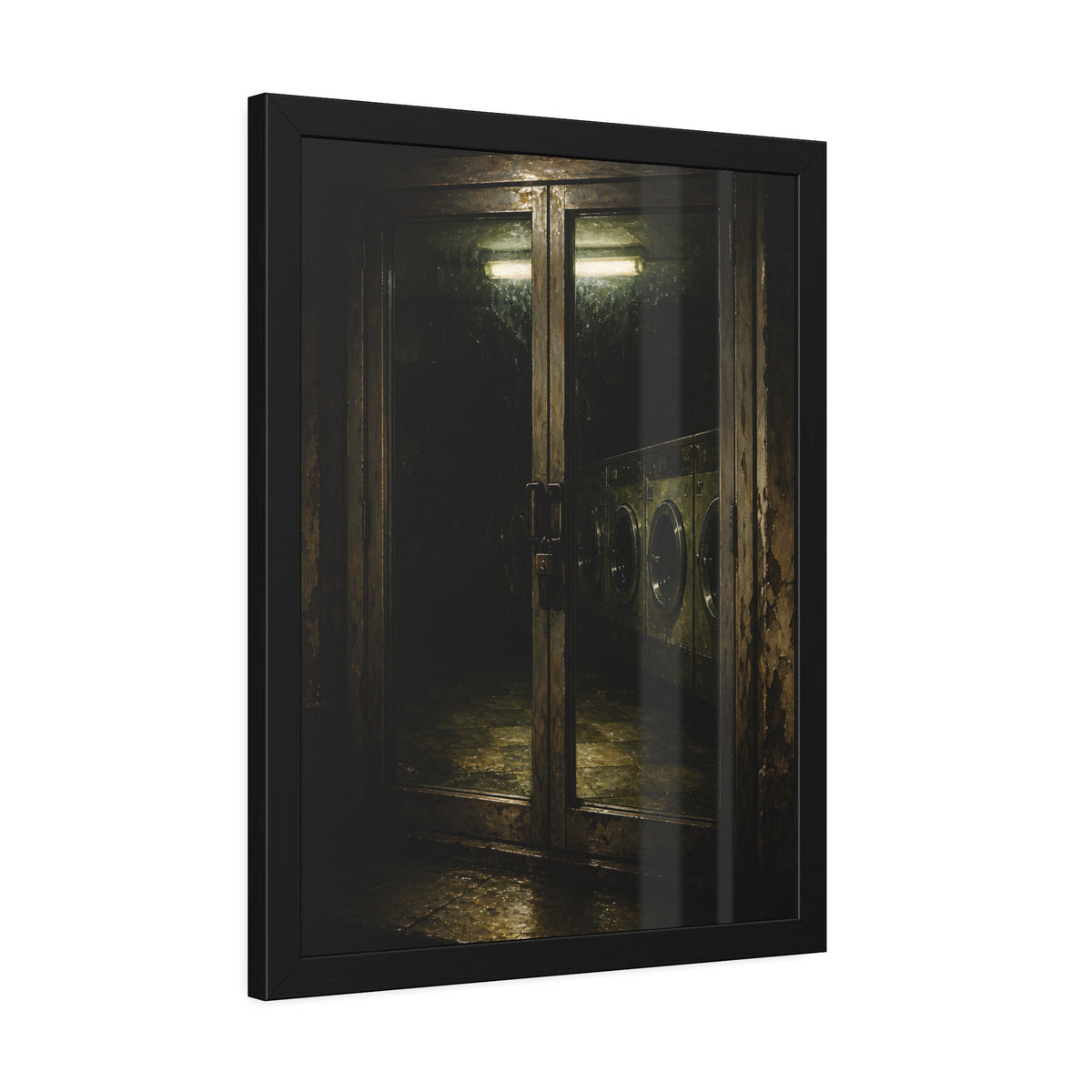 Glass laundromat doors at night with washers lit by a fluorescent tube. The Doors at Midnight by Garabaggio, framed fine art print hanging in a room.