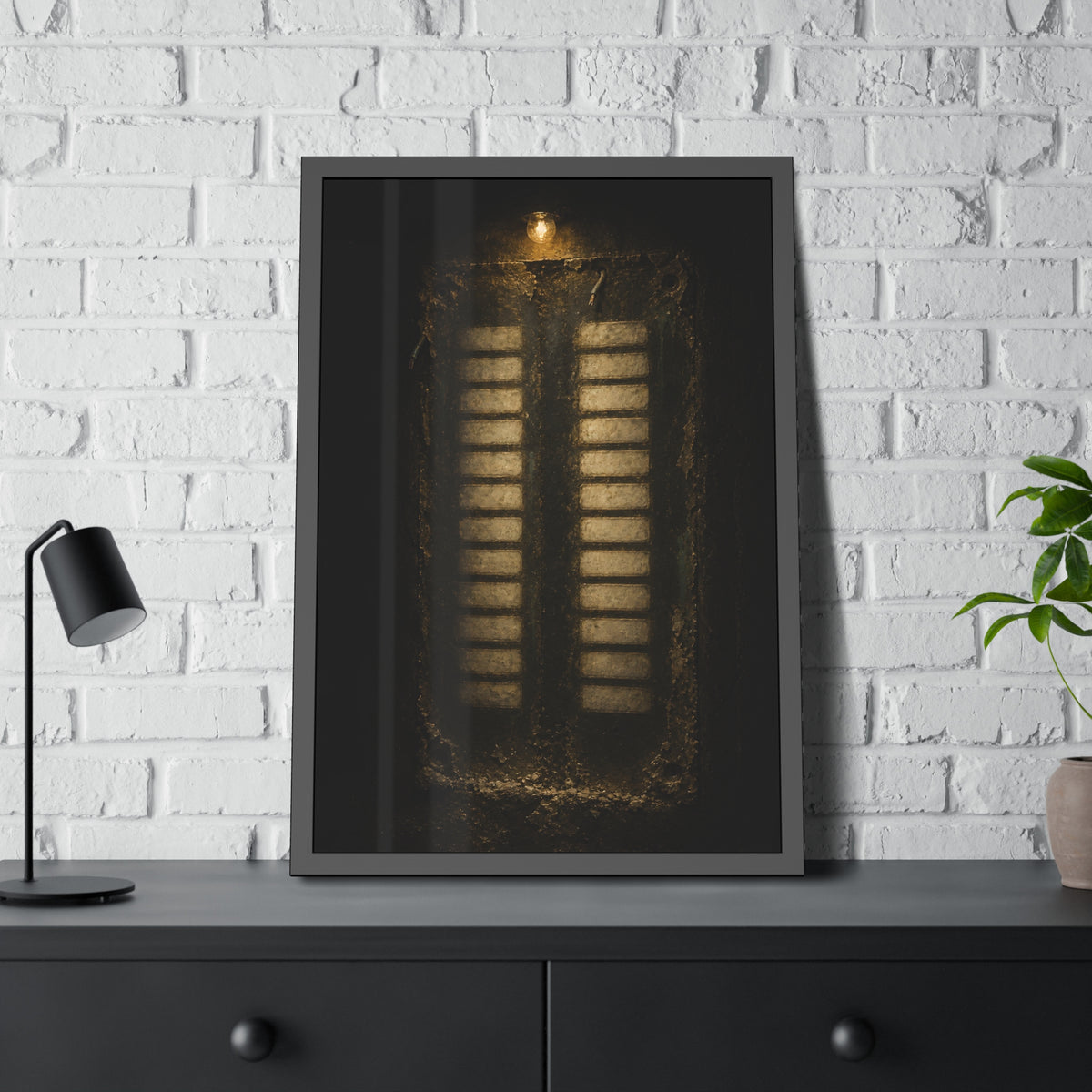 Two columns of blank name slots on a corroded intercom panel. Twenty-Four Pale Rectangles by Garabaggio, framed fine art print hanging in a room.