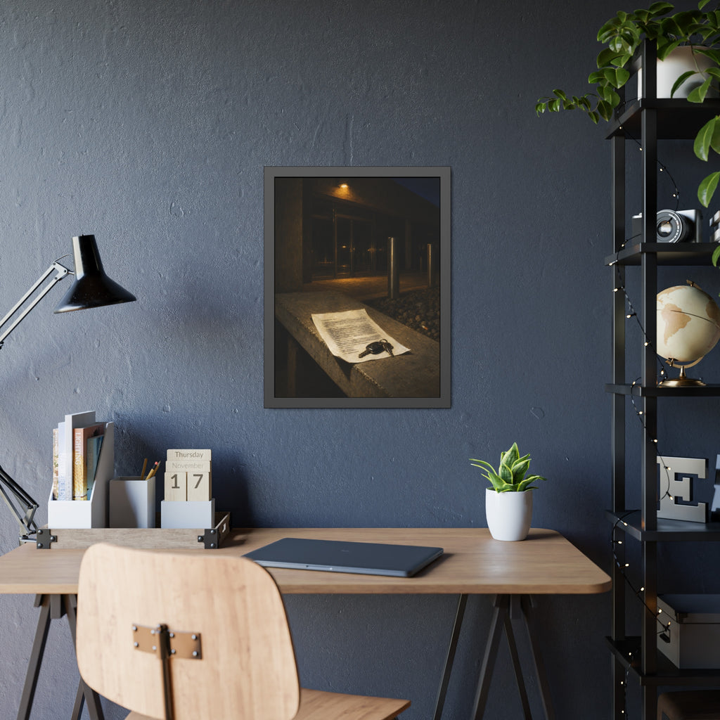 A printed page and car keys on a concrete ledge outside an office at night. The Last Email, Printed by Garabaggio, framed fine art print hanging in a room.