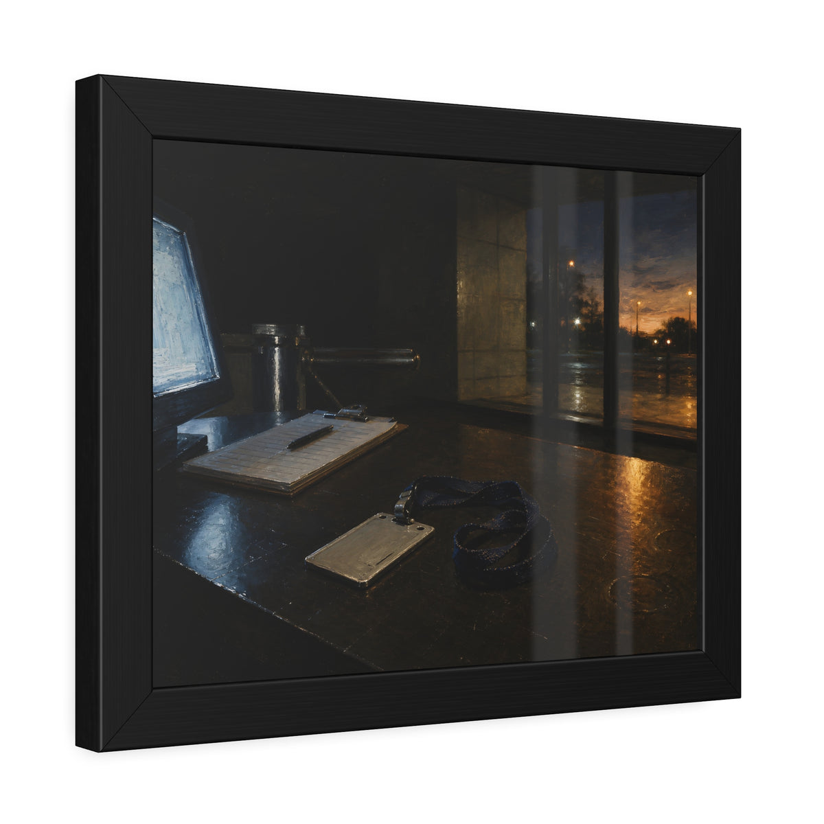 An ID badge and lanyard left on a security desk beside a lit monitor. The Badge on the Security Desk by Garabaggio, framed fine art print hanging in a room.