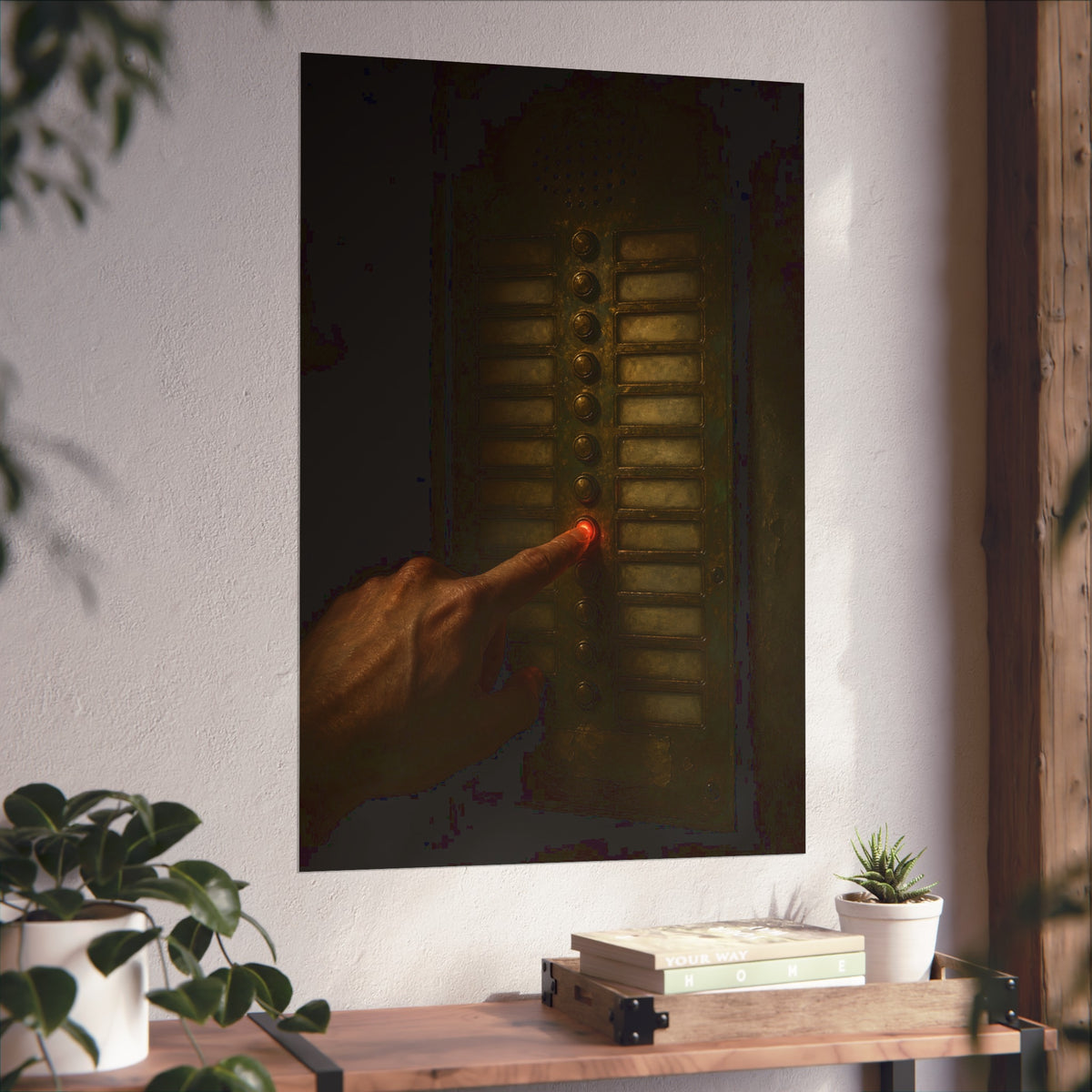 A hand pressing one glowing red button on a worn intercom panel. The Finger at Midnight by Garabaggio, fine art print hanging in a room.