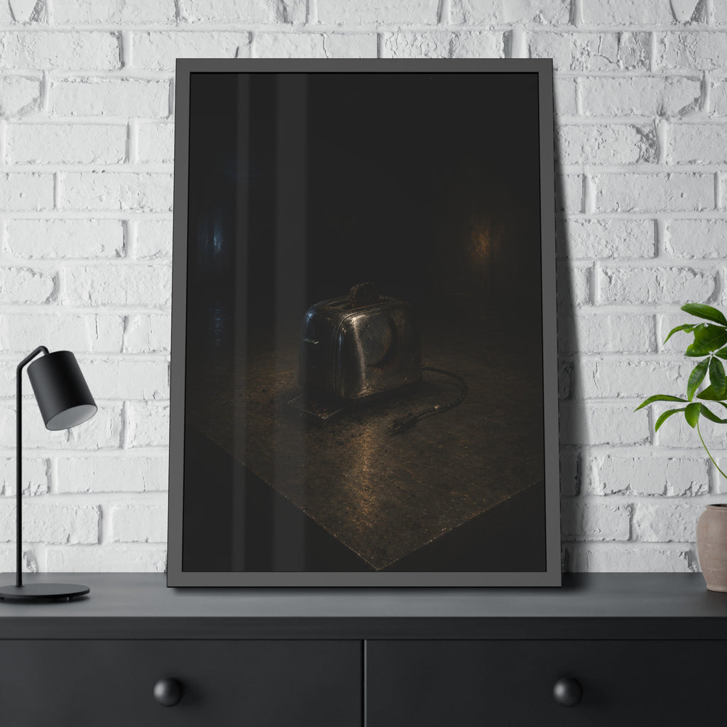 A scorched chrome toaster alone on a metal counter in a dark room. The Cooling on Steel by Garabaggio, framed fine art print hanging in a room.