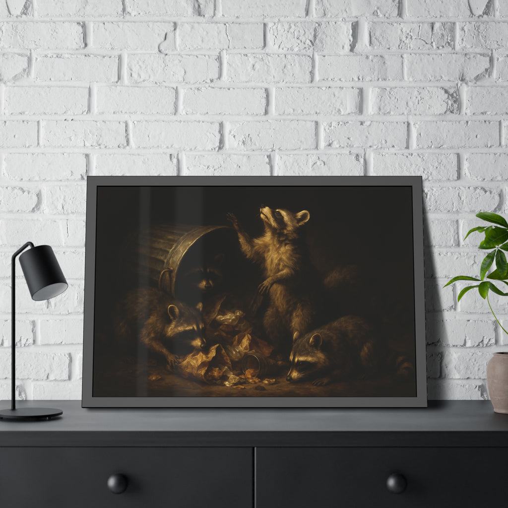 Raccoons around a fallen trash can, one rearing up with a raised paw. The Supper of Shadows by Garabaggio, framed fine art print hanging in a room.