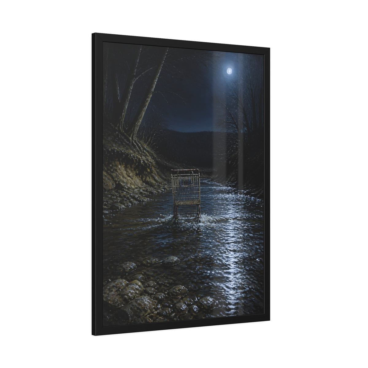 A shopping cart standing in a moonlit creek between dark trees. The Fording of the Creek by Garabaggio, framed fine art print hanging in a room.