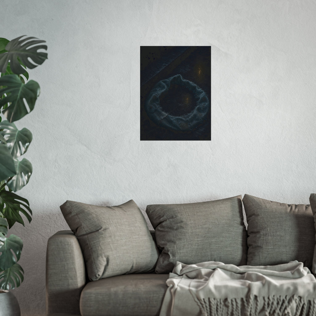 A deflated ring float collapsed on wet pavement under distant amber light. The Freezing of the Smile by Garabaggio, fine art print hanging in a room.