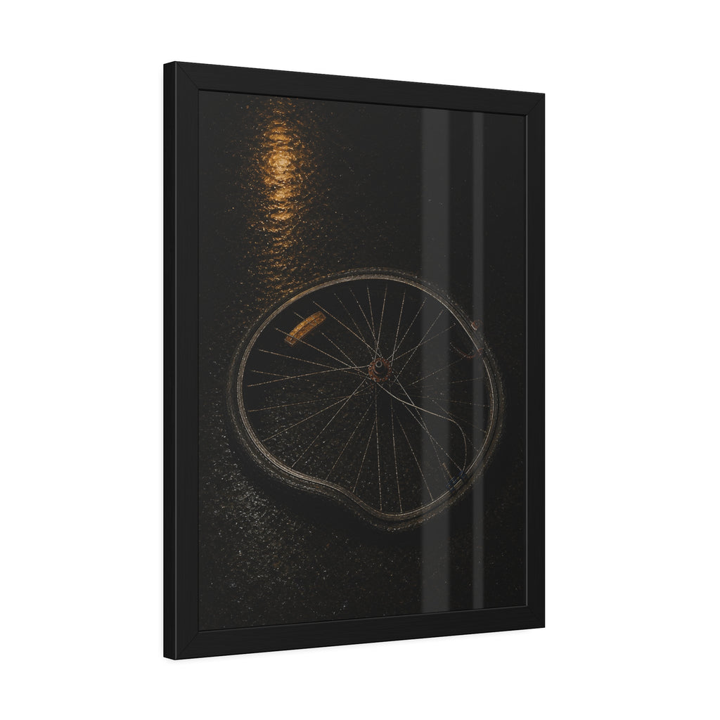 A buckled bicycle wheel on wet asphalt beneath a streetlight reflection. The Bend from Impact by Garabaggio, framed fine art print hanging in a room.